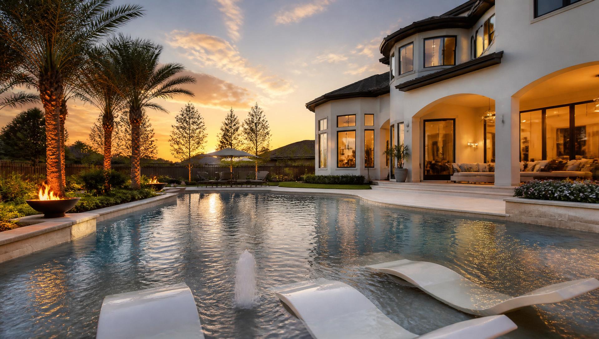 Luxury residential backyard swimming pool at sunset by Creative Lifestyle Pools